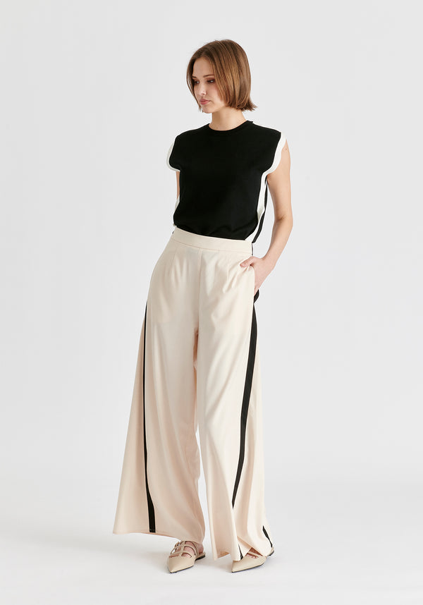 Contrast Trim Wide Leg Trousers in Beige and Black Side